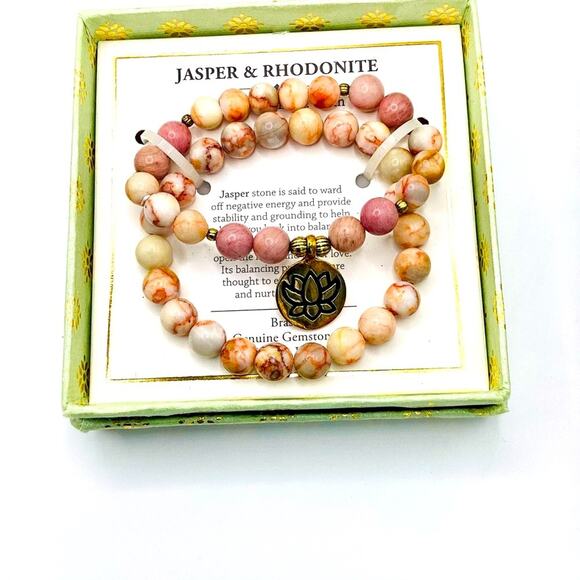 Shivam Jasper & Rhodonite Beaded Bracelet with Lotus Charm - Picture 2 of 7